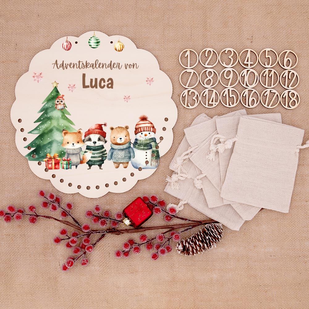 Personalisierter runder Adventskalender Kinder aus Holz - Tierische Weihnachtsbande