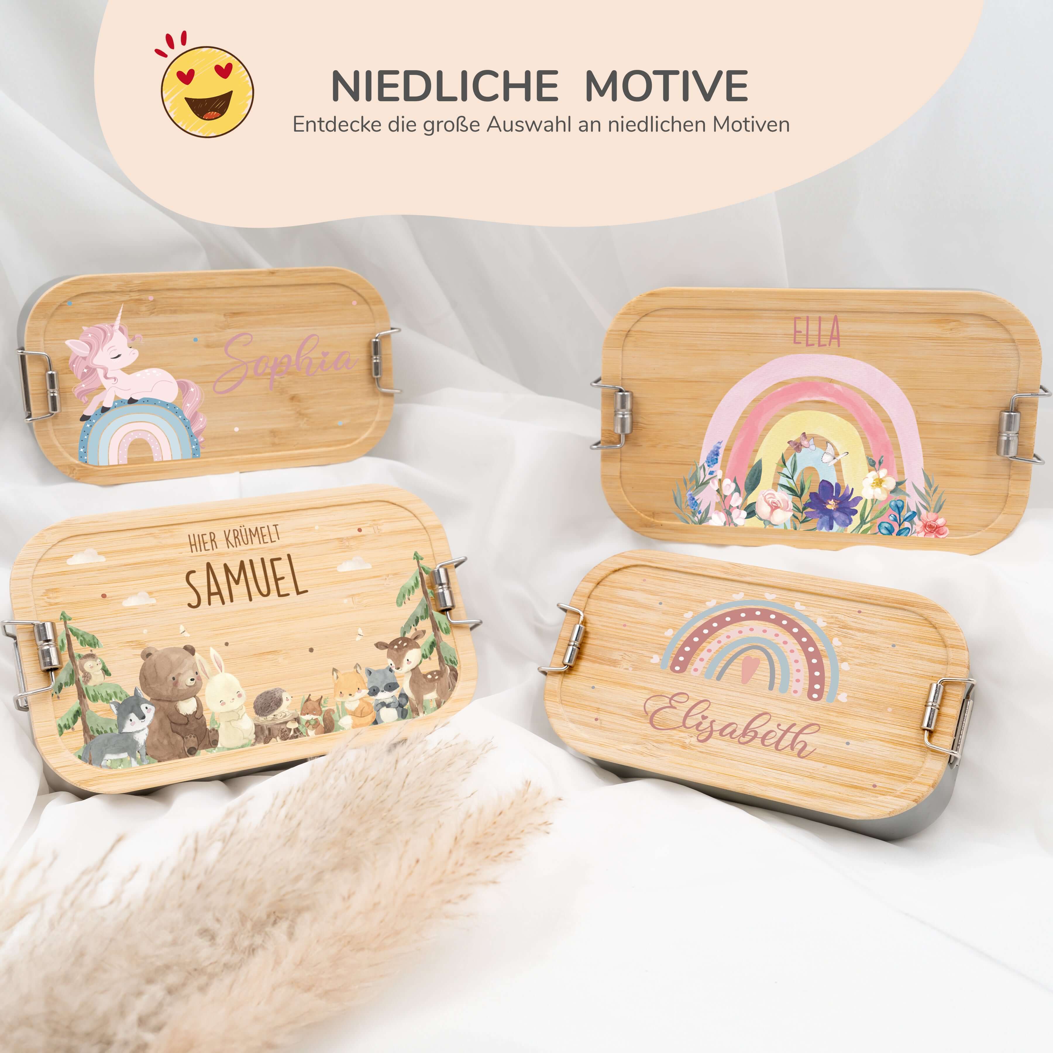 nahaufnahme der brotdose mit blumen und regenbogen motiv