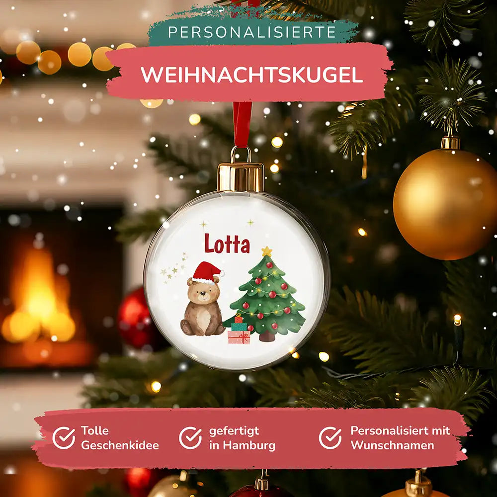 Weihnachtskugel personalisiert mit Namen - Kuscheliger Bär