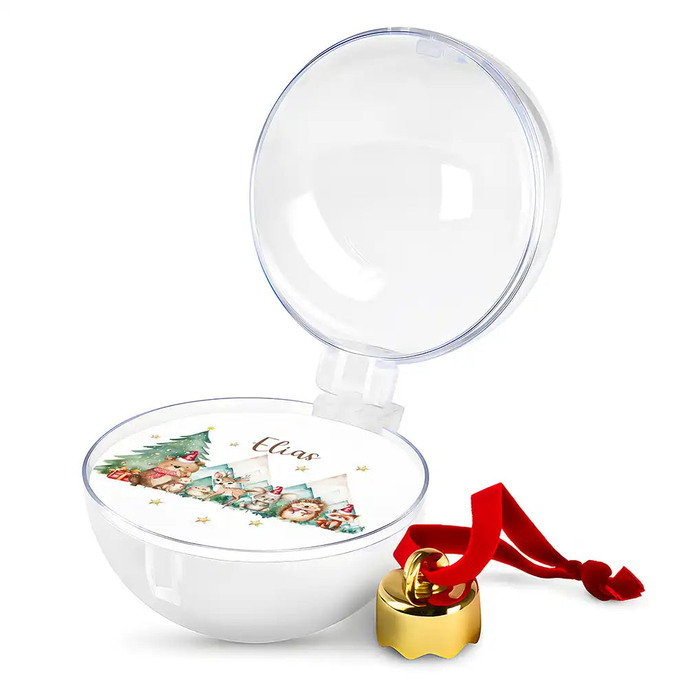 Weihnachtskugel personalisiert mit Namen - Süße Fellwesen im Frostzauber