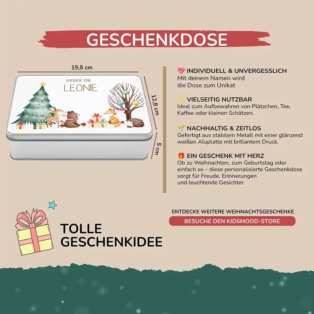 Keksdose aus Metal personalsiert - fröhliche Tiere im Wald