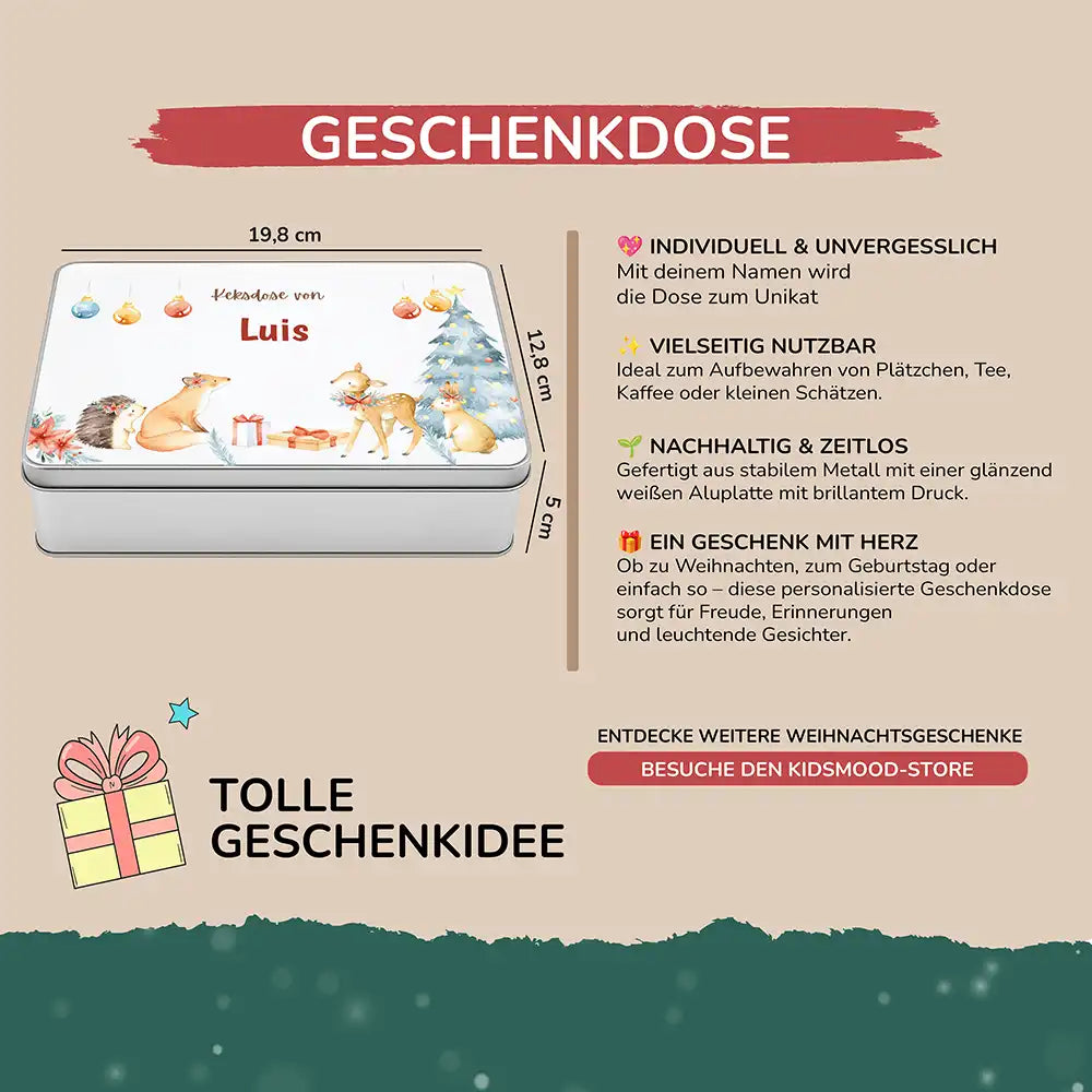 Keksdose aus Metal personalisiert - Festliche Waldfreunde
