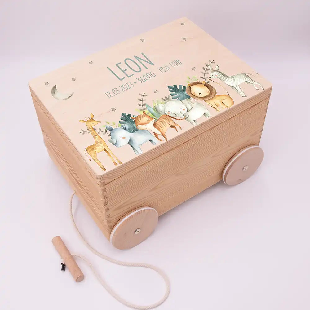 Spielzeugkiste mit Rädern personalisiert - Safari Tiere