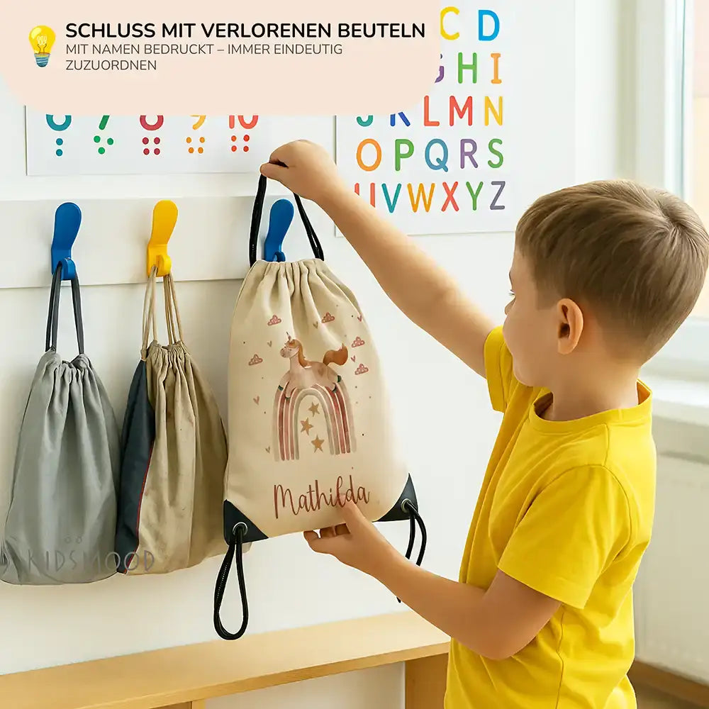 Personalisierter Turnbeutel mit Namen - Einhorn Regenbogen