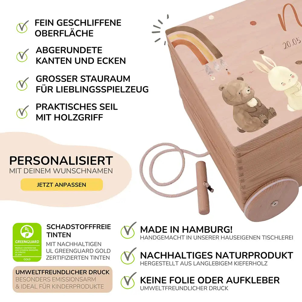 Spielzeugkiste mit Rädern personalisiert - Tierfreunde