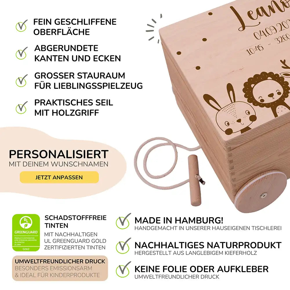 Spielzeugkiste mit Rädern personalisiert - Safari Tiere Gravur