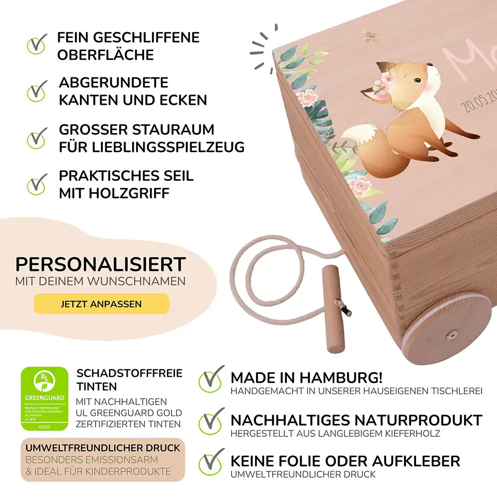 Spielzeugkiste mit Rädern personalisiert - Fuchs