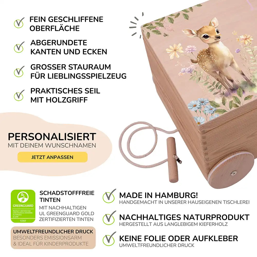 Spielzeugkiste mit Rädern personalisiert - Niedliches Reh