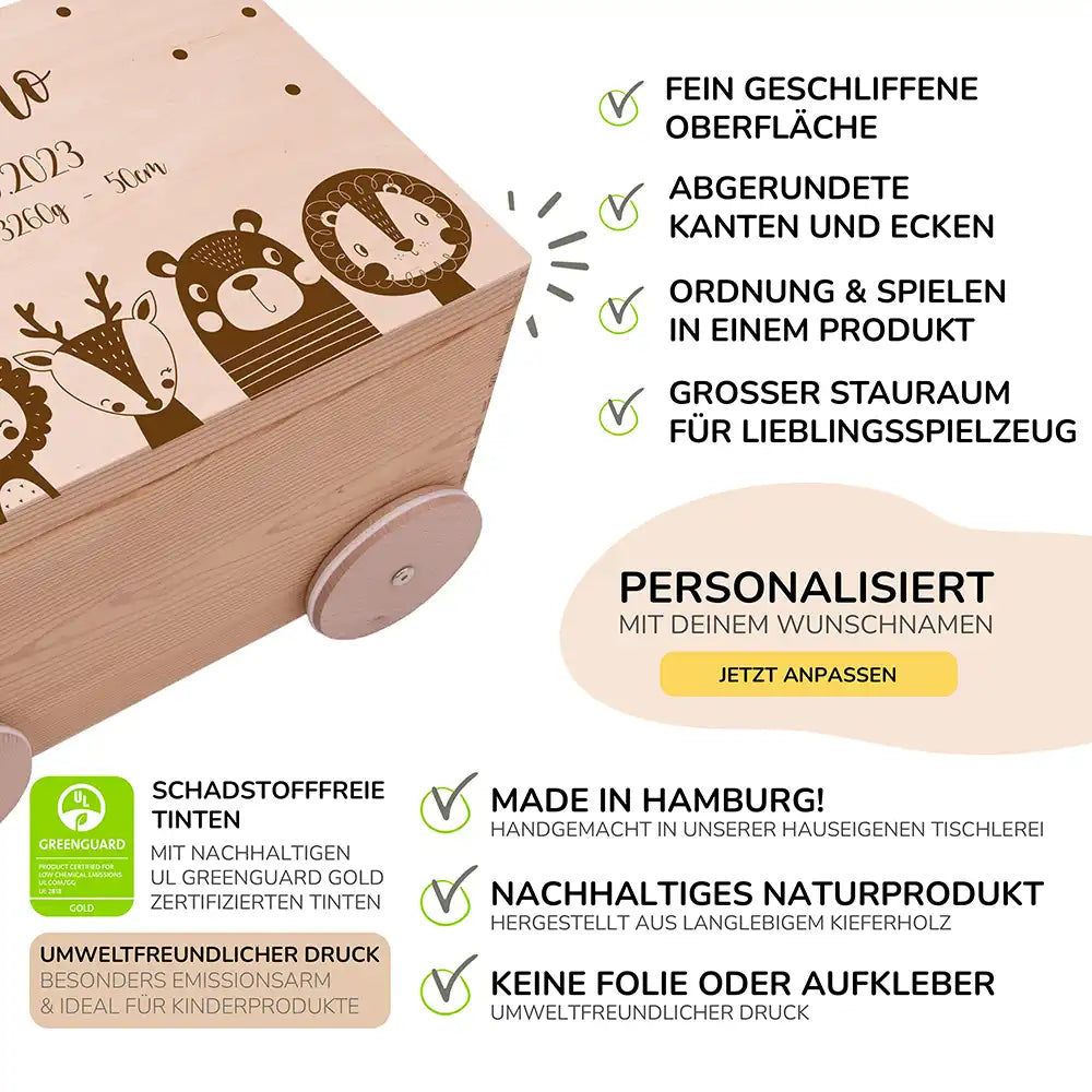Spielzeugkiste mit Rädern personalisiert - Safari Tiere Gravur