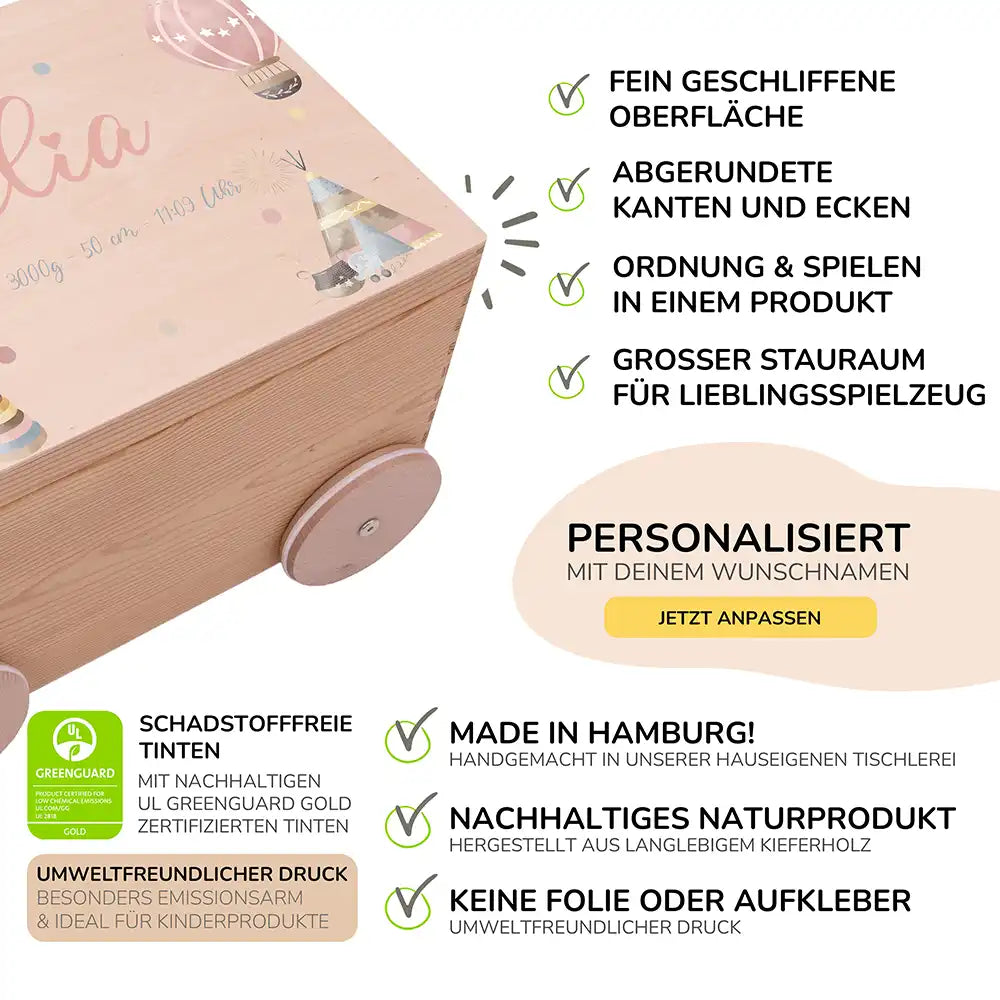 Spielzeugkiste mit Rädern personalisiert - Hasenfreude
