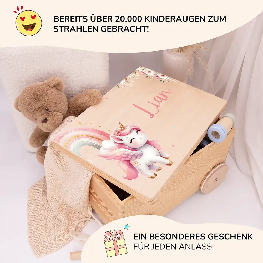 Spielzeugkiste mit Rädern personalisiert - Einhorn