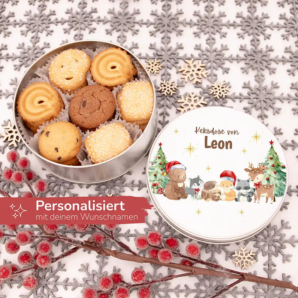 Keksdose aus Metal personalisiert - Weihnachtliche Waldtiere