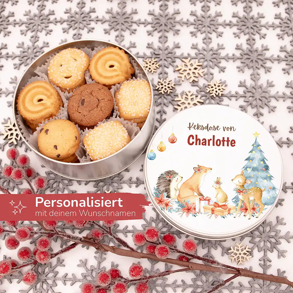 Keksdose aus Metal personalisiert - Festliche Waldfreunde
