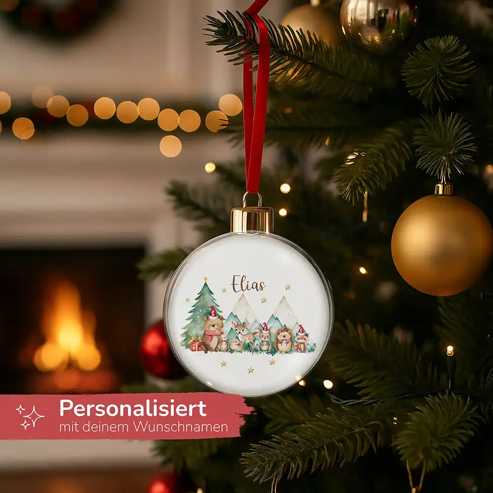 Weihnachtskugel personalisiert mit Namen - Süße Fellwesen im Frostzauber