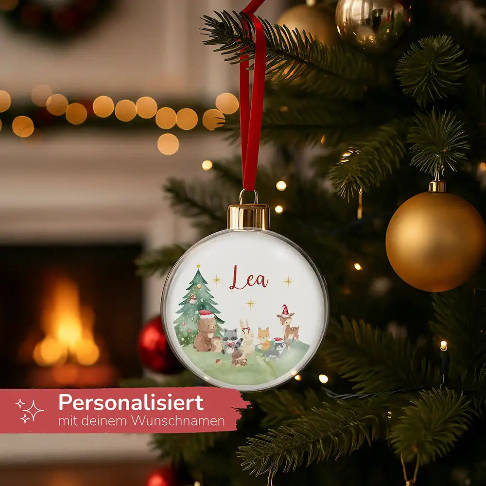 Weihnachtskugel personalisiert mit Namen - Niedliche Waldtiere mit Weihnachtsmütze