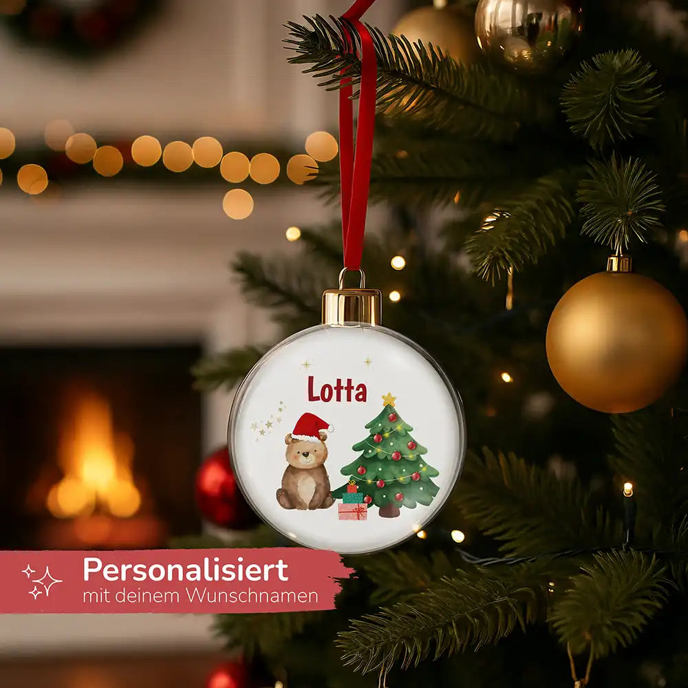 Weihnachtskugel personalisiert mit Namen - Kuscheliger Bär