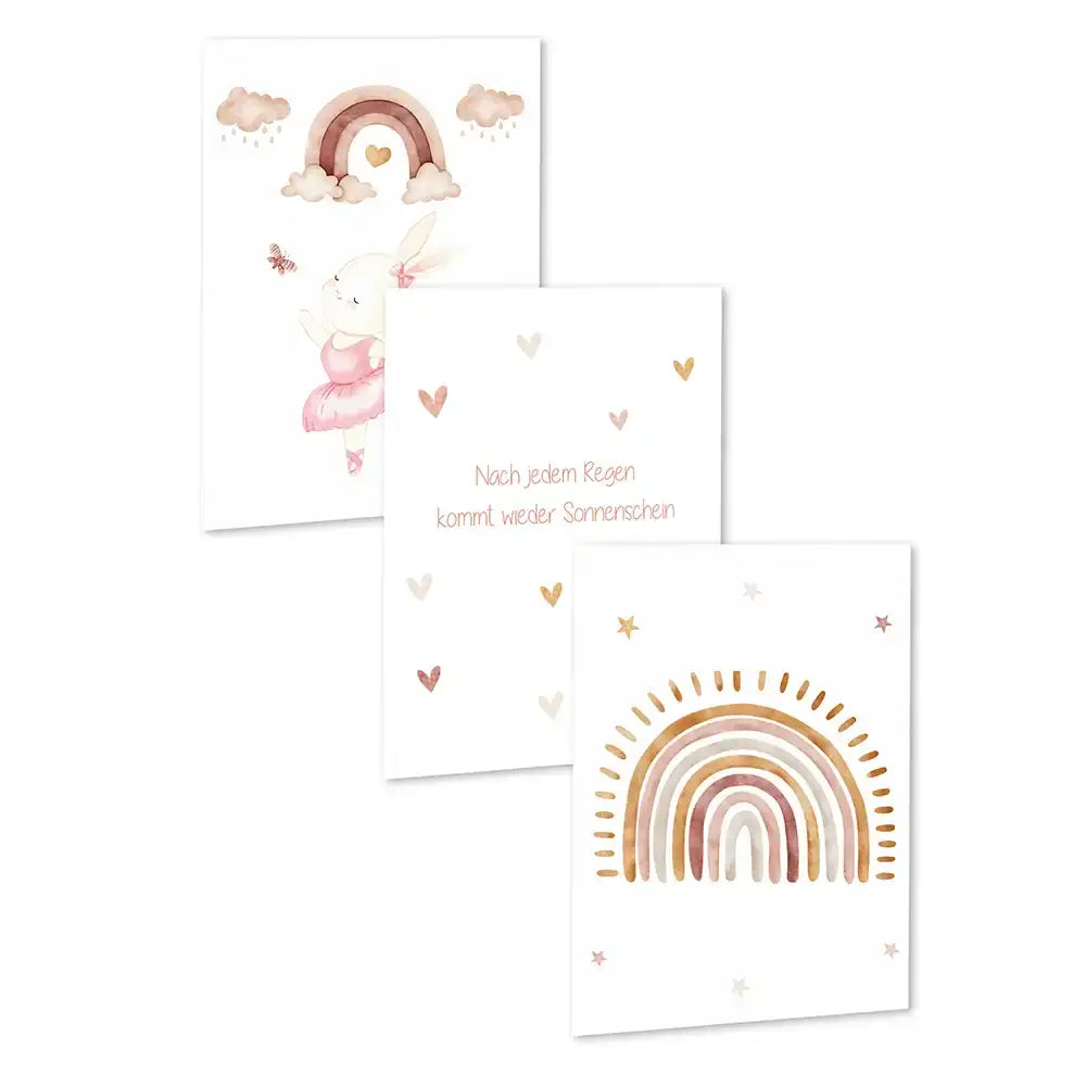 Poster 3er-Set - Häschen-Ballerina, Regenbogenspruch & Regenbogen fürs Kinderzimmer