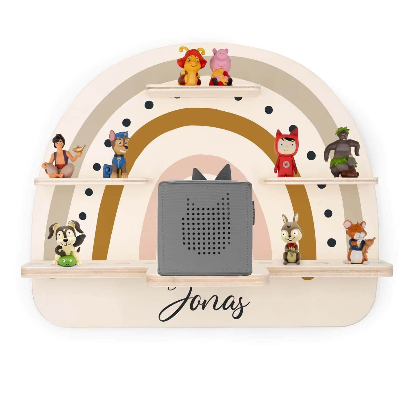 personalized wooden Tonie shelf with minimal rainbow design