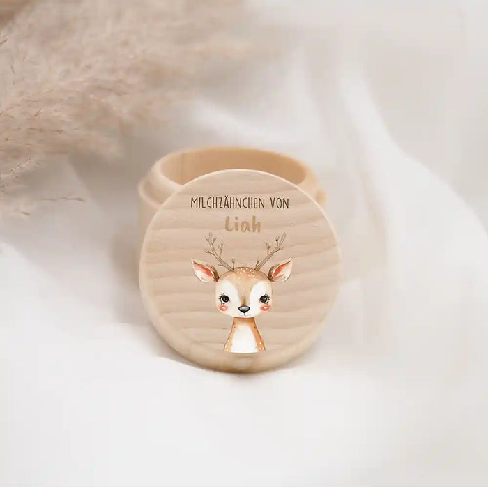 Zahndose Milchzähne personalisiert - Holz Zahnbox mit Wunschnamen - Baby Reh Motiv