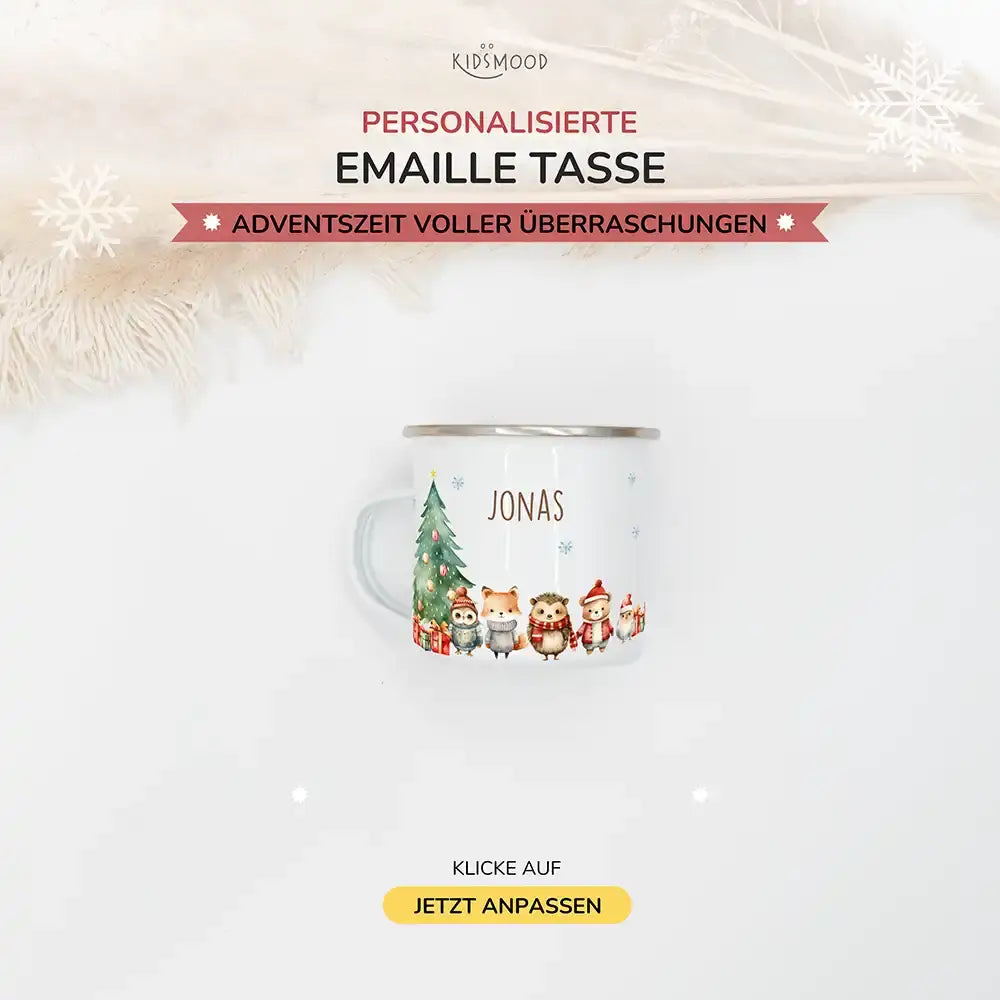 Emaille Tasse personalisiert Weihnachten - Wintertiere