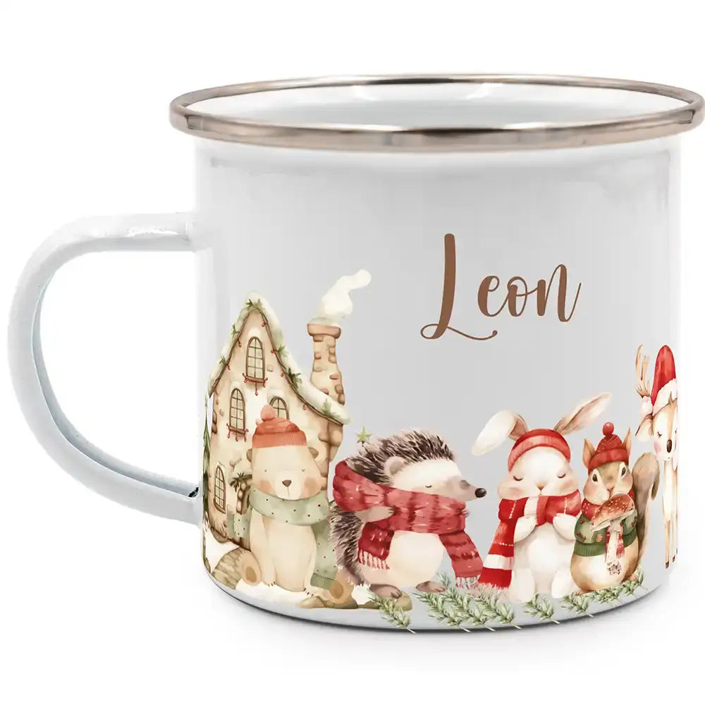 Emaille Tasse personalisiert Weihnachten - Tierfamilie Wald