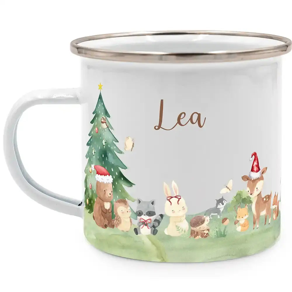 Emaille Tasse personalisiert Weihnachten - Niedliche Waldtiere