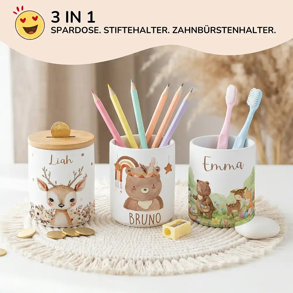 Personalisierte Spardose Boho-BĂ€r â Keramik & Bambus mit Wunschname