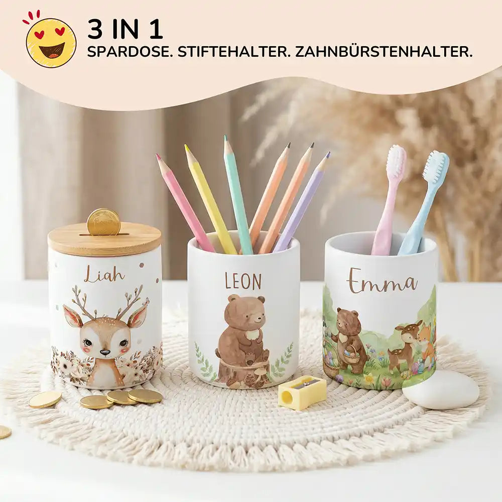 Personalisierte Spardose BĂ€r Wald â Keramik & Bambus mit Wunschname