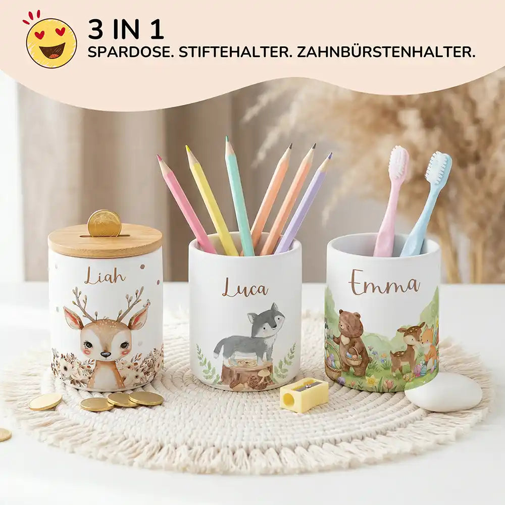 Personalisierte Spardose Wolf Wald – Keramik & Bambus mit Wunschname