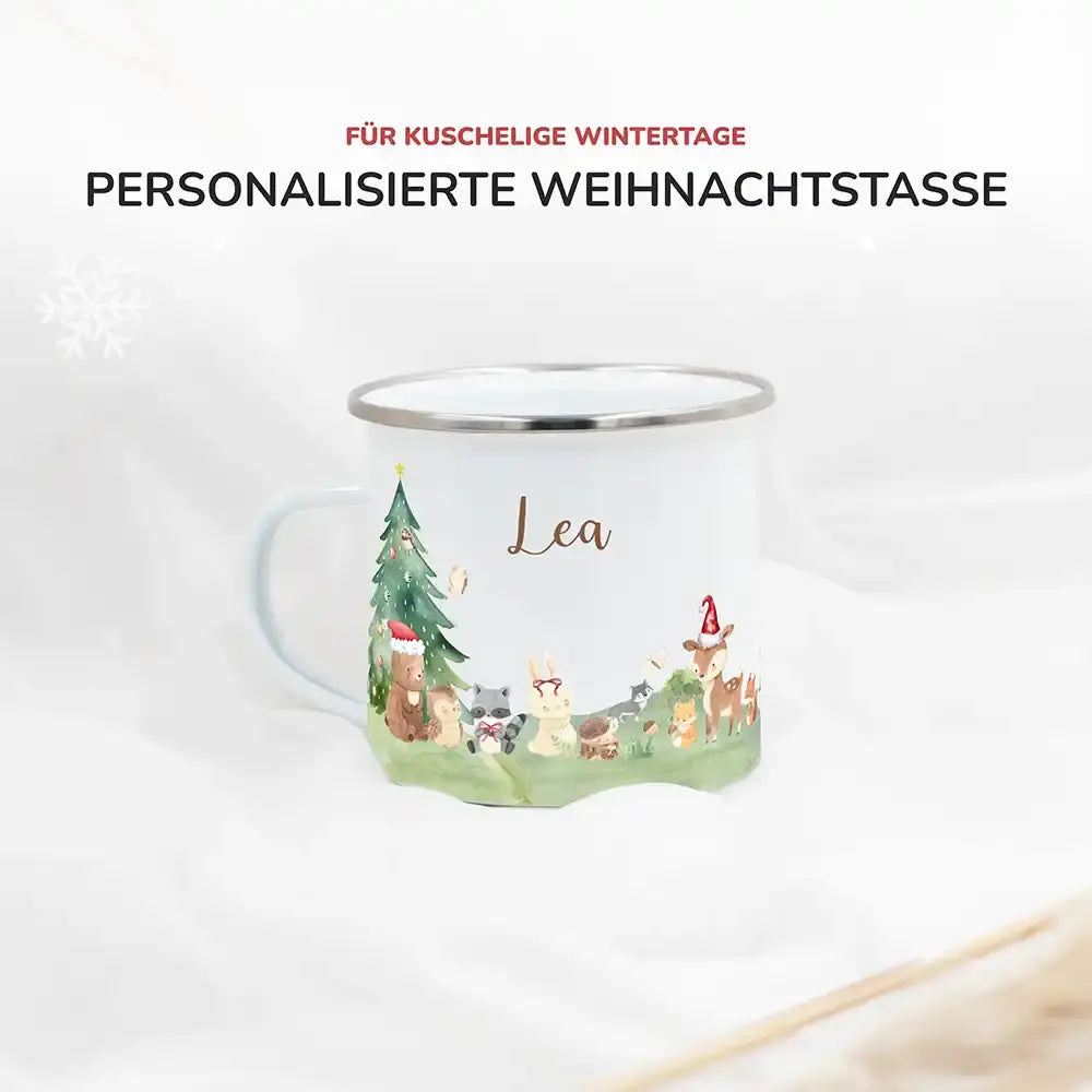 Emaille Tasse personalisiert Weihnachten - Niedliche Waldtiere