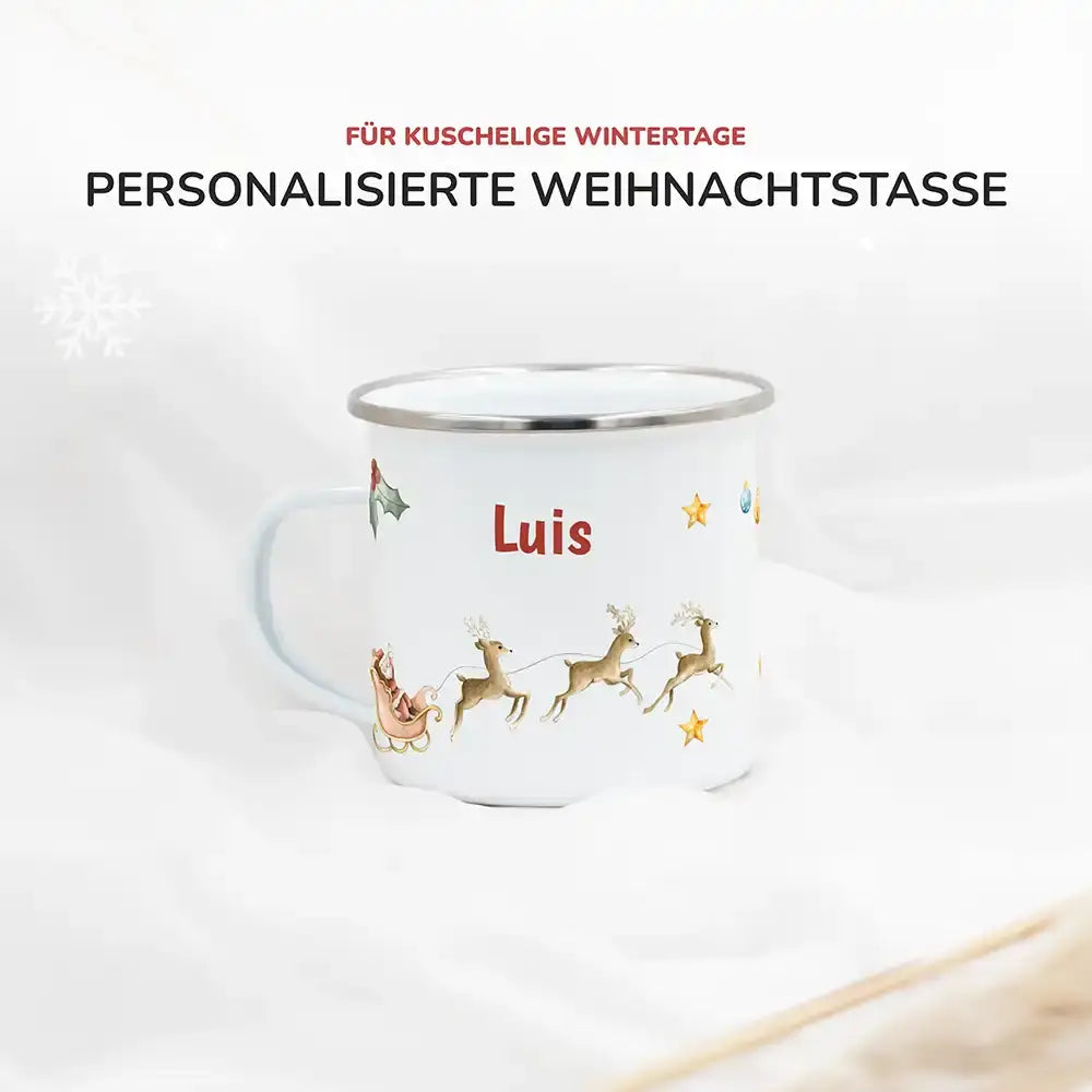 Emaille Tasse personalisiert Weihnachten - Rentier Schlitten