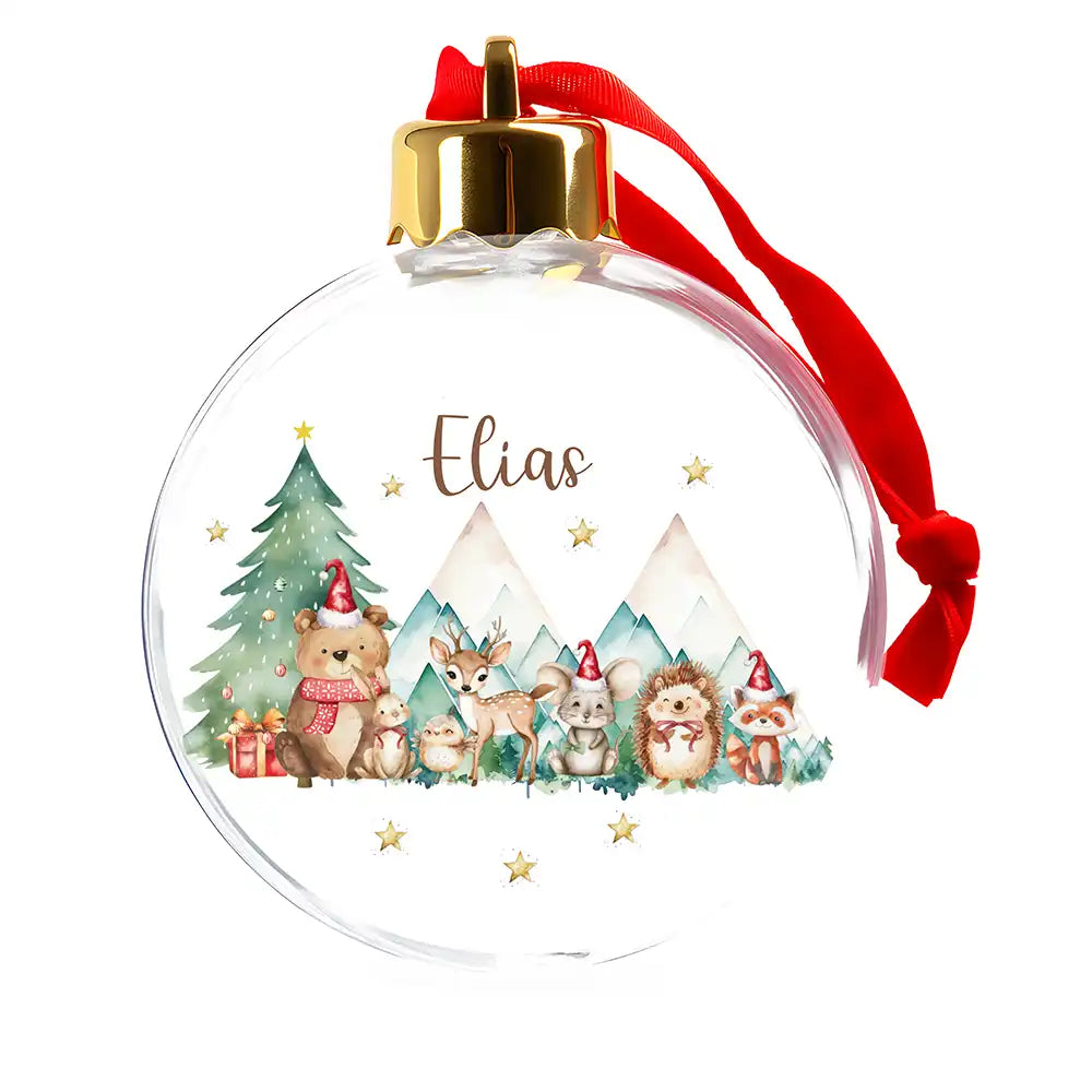 Weihnachtskugel personalisiert mit Namen - Süße Fellwesen im Frostzauber