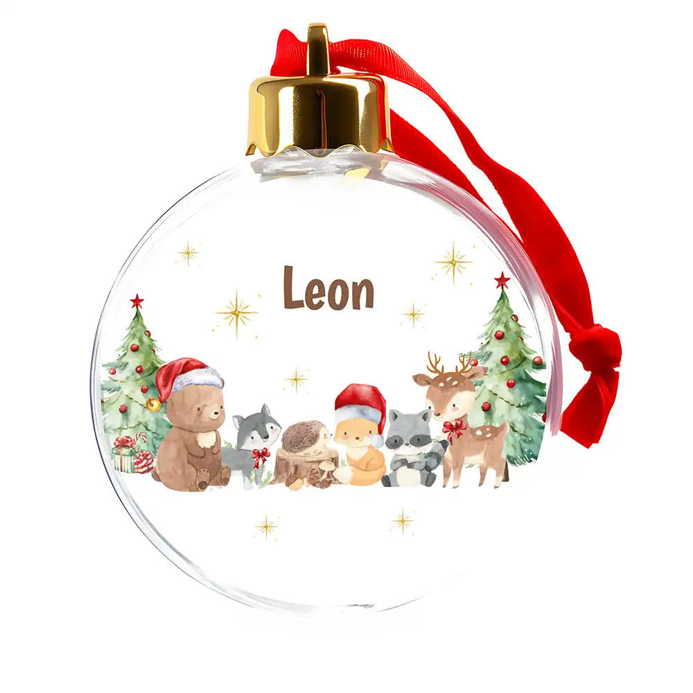 Weihnachtskugel personalisiert mit Namen - Niedliche Waldtiere mit Weihnachtsbaum