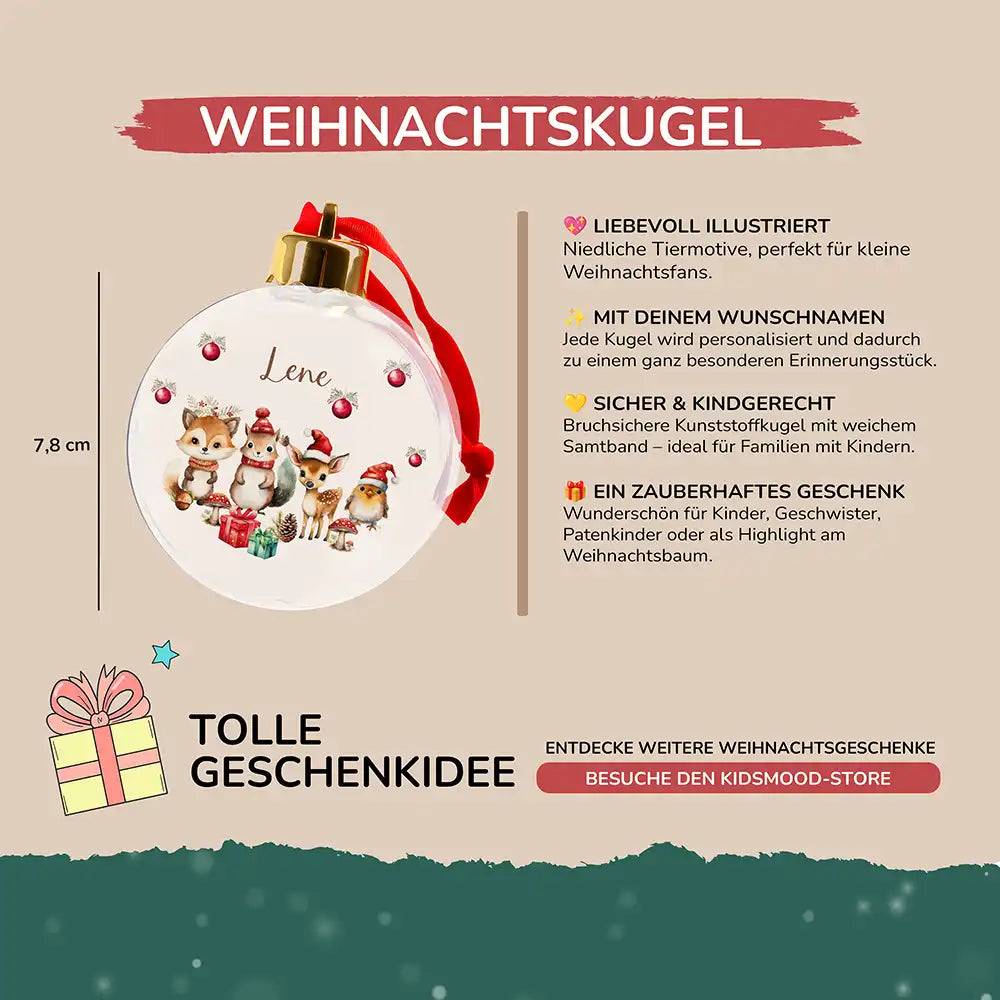 Weihnachtskugel personalisiert mit Namen - Weiche Schneefreunde im Wald