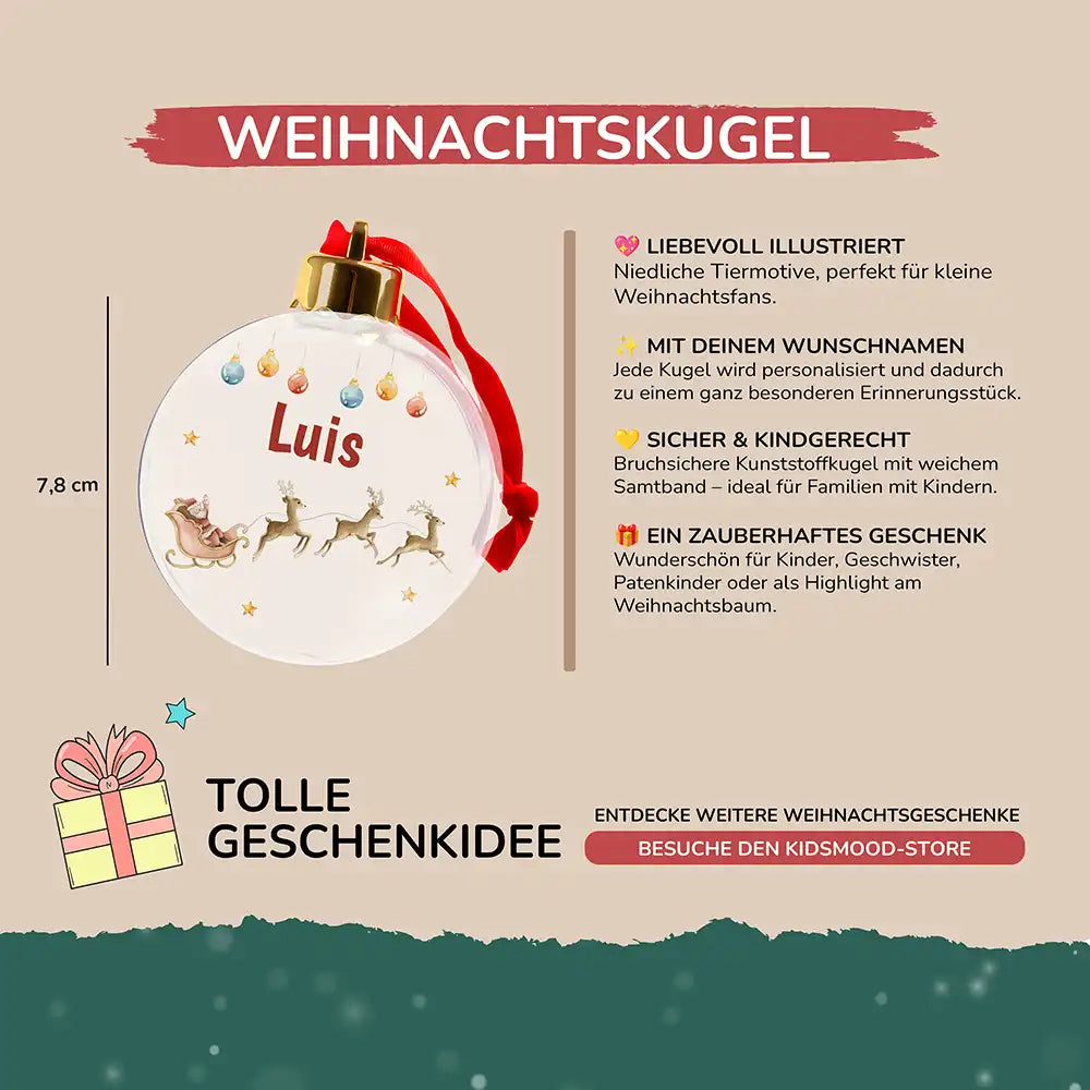 Weihnachtskugel personalisiert mit Namen - Rentierschlitten