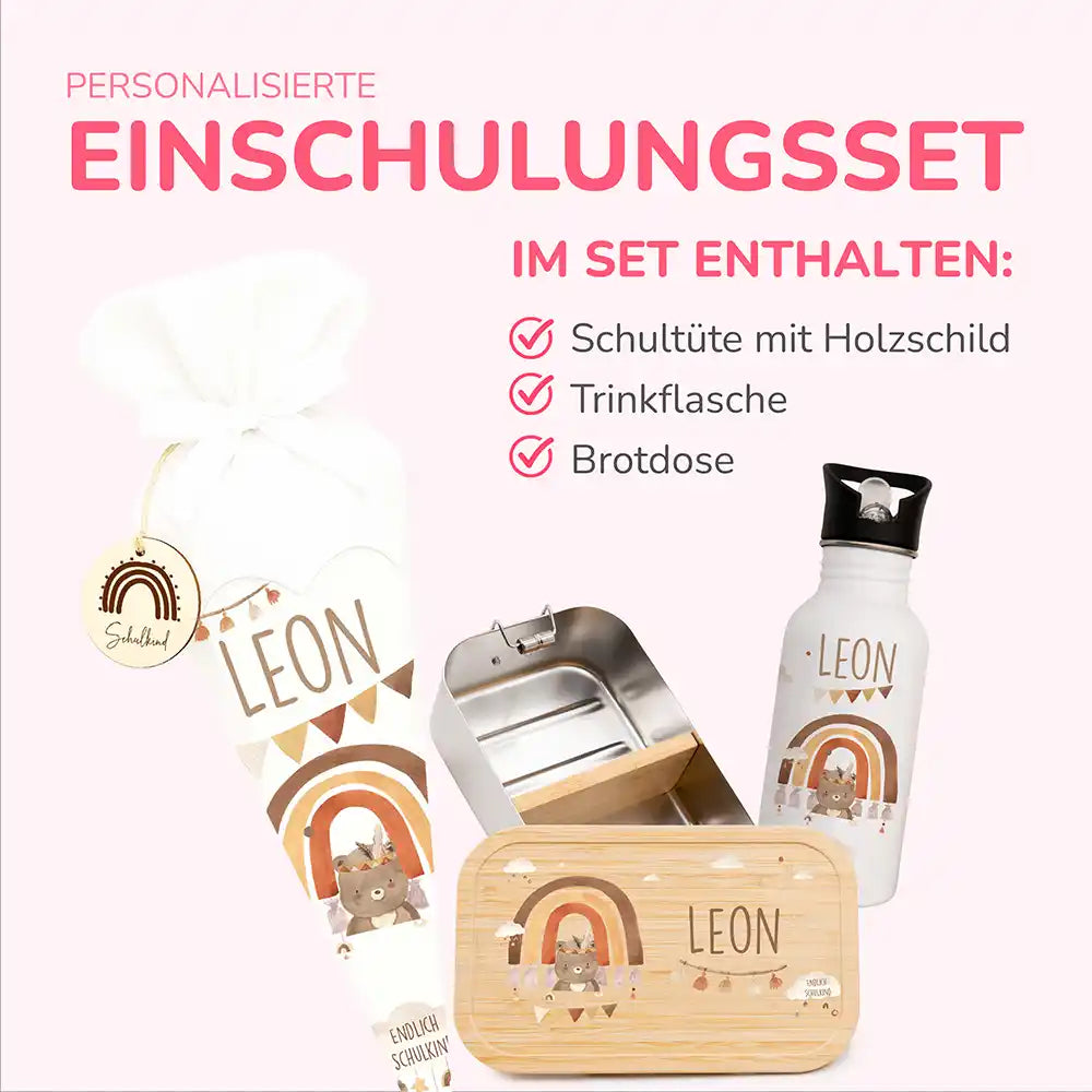 Einschulungsset mit Name – Schultüte, Trinkflasche und Brotdose