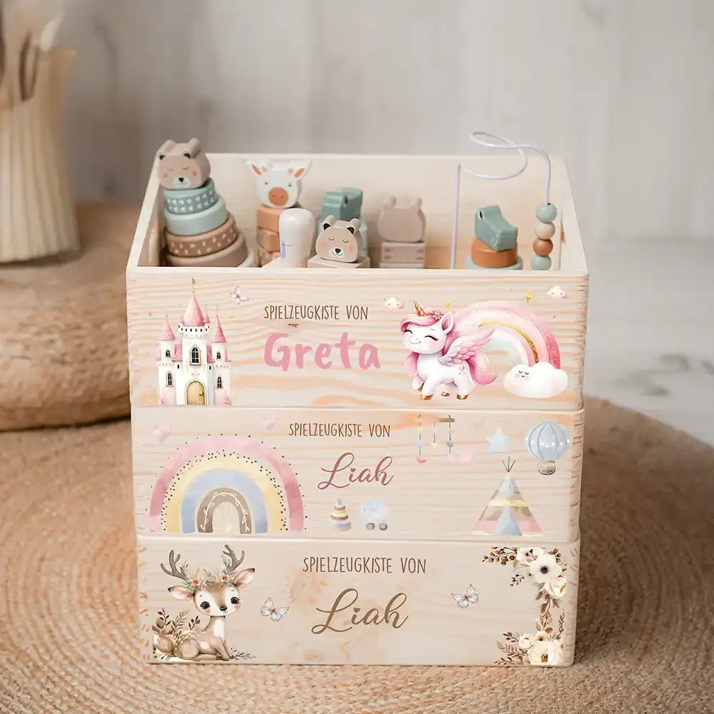 Spielzeugkiste personalisiert mit Namen - Einhorn Zauberwelt