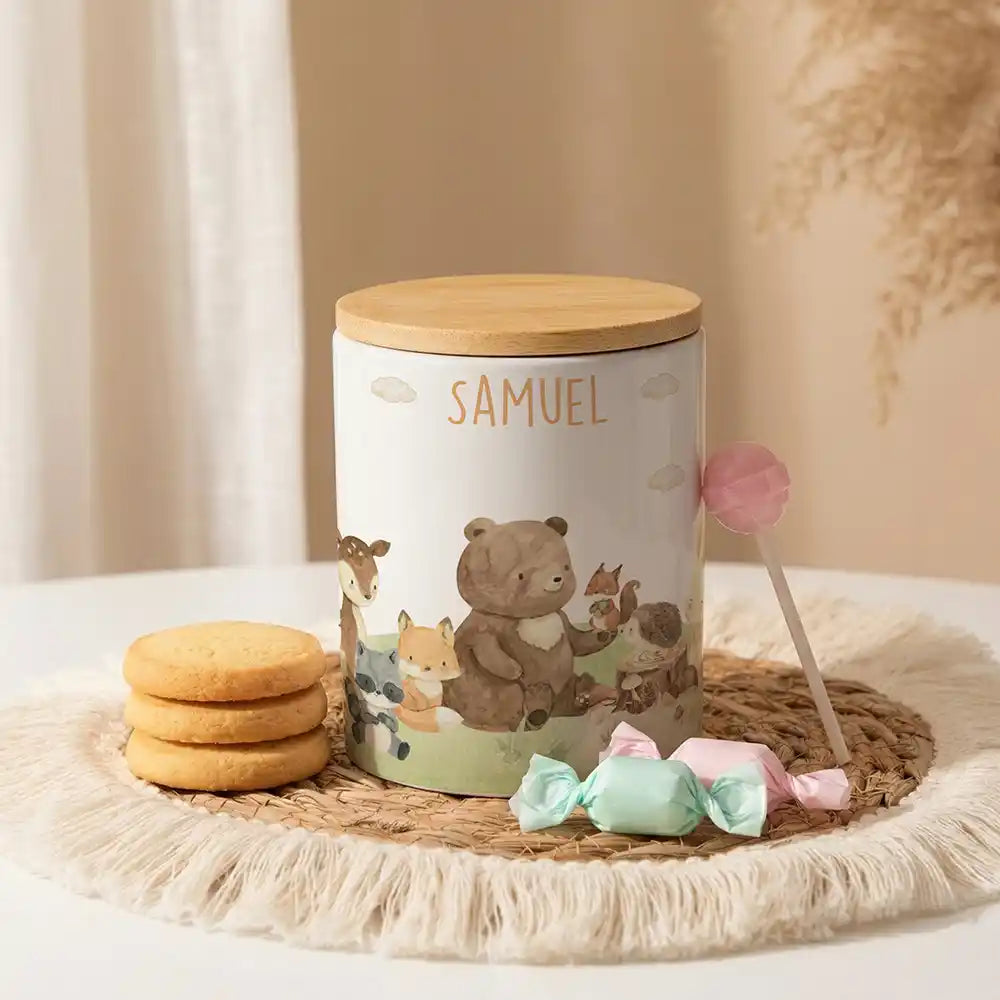 Personalisierte Keksdose Waldfreunde IV aus Keramik mit Bambusdeckel - Wunschname - Kidsmood.de