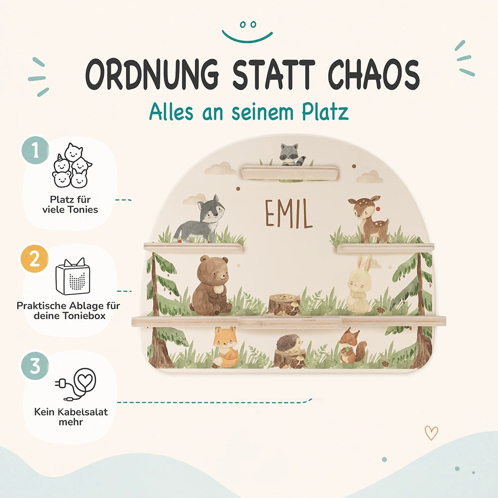 Tonie Regal aus Holz, Toniebox Regal personalisiert niedliche Waldtiere