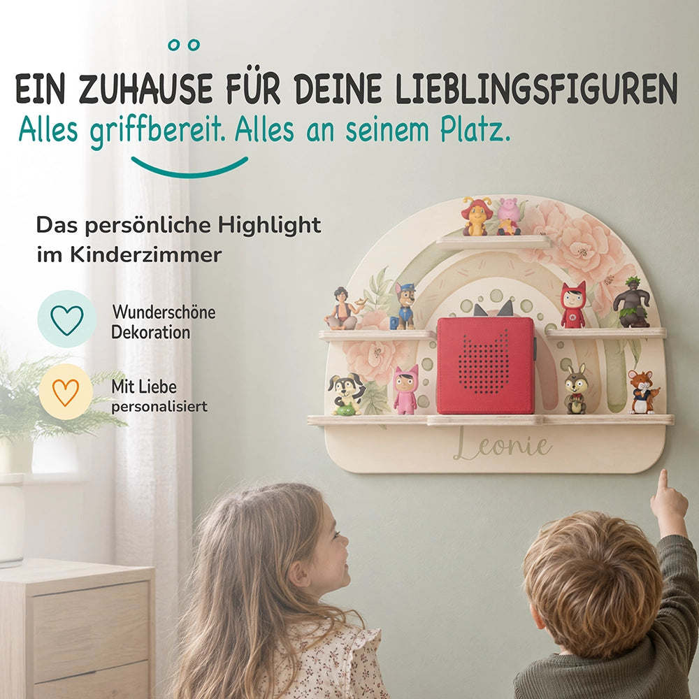 Tonie Regal aus Holz, Toniebox Regal personalisiert Grüner Regenbogen