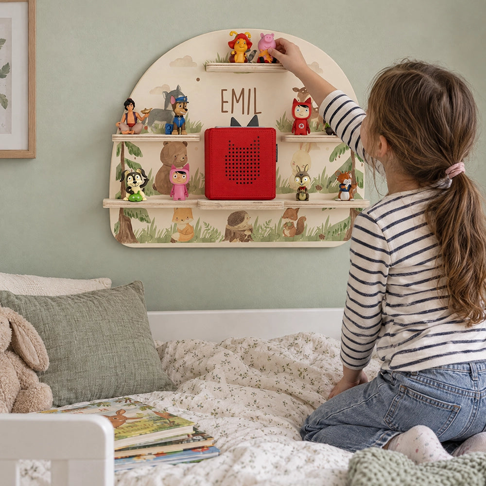 Tonie Regal aus Holz, Toniebox Regal personalisiert niedliche Waldtiere
