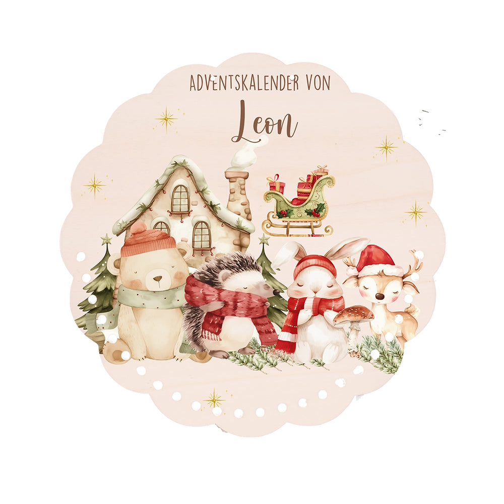 Personalisierter runder Adventskalender Kinder aus Holz - Waldtiere im Winterzauber