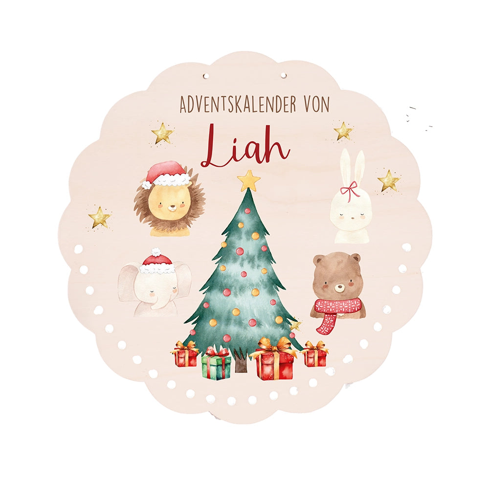 Personalisierter runder Adventskalender Kinder aus Holz - Weihnachtliche Tierwelt