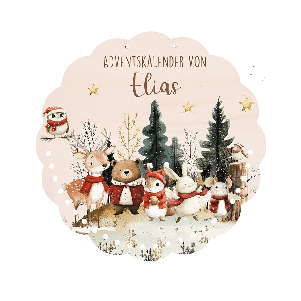 Personalisierter runder Adventskalender Kinder aus Holz - Weihnachtsdorf