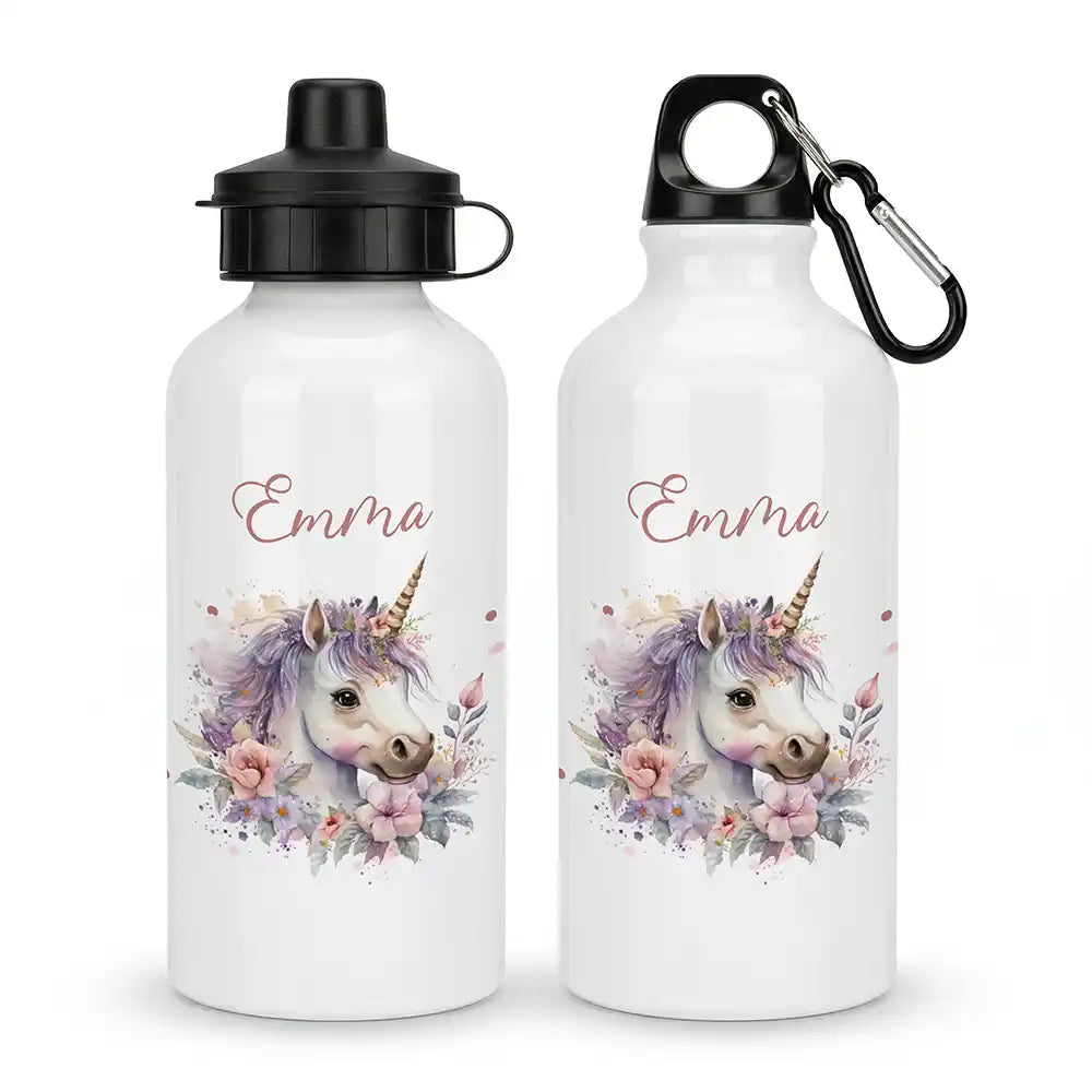 Personalisierte Trinkflasche Kinder Einhorn Blumenkranz – Karabiner für Schule & Sport