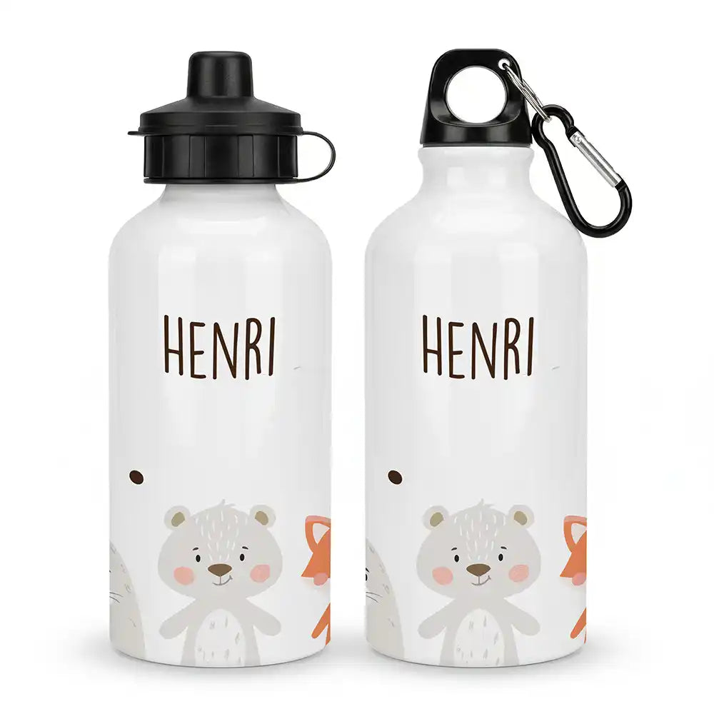 Personalisierte Trinkflasche Kinder BĂ€r & Fuchs â Karabiner fĂŒr Schule & Sport