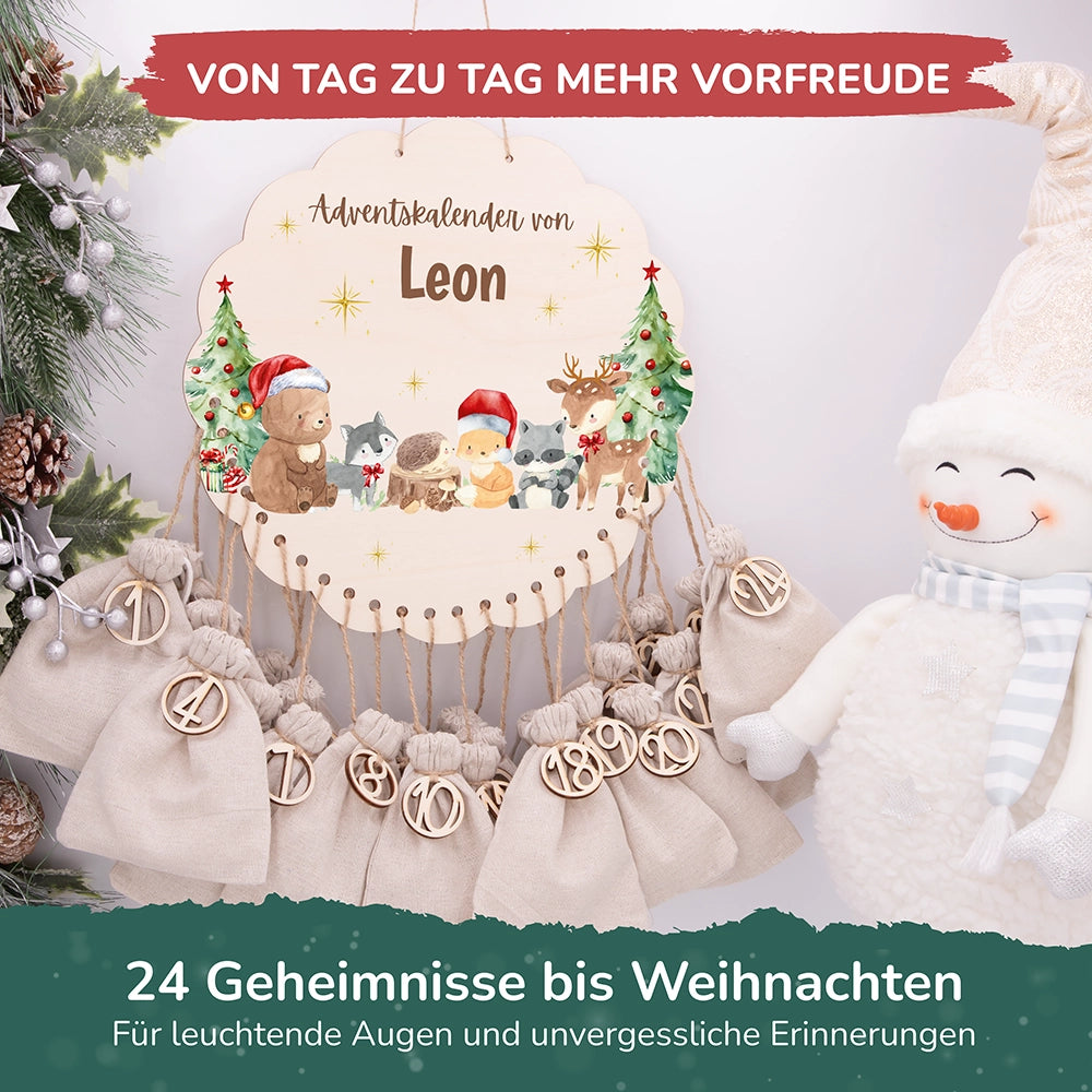 Personalisierter runder Adventskalender Kinder aus Holz - Weihnachtsfreude