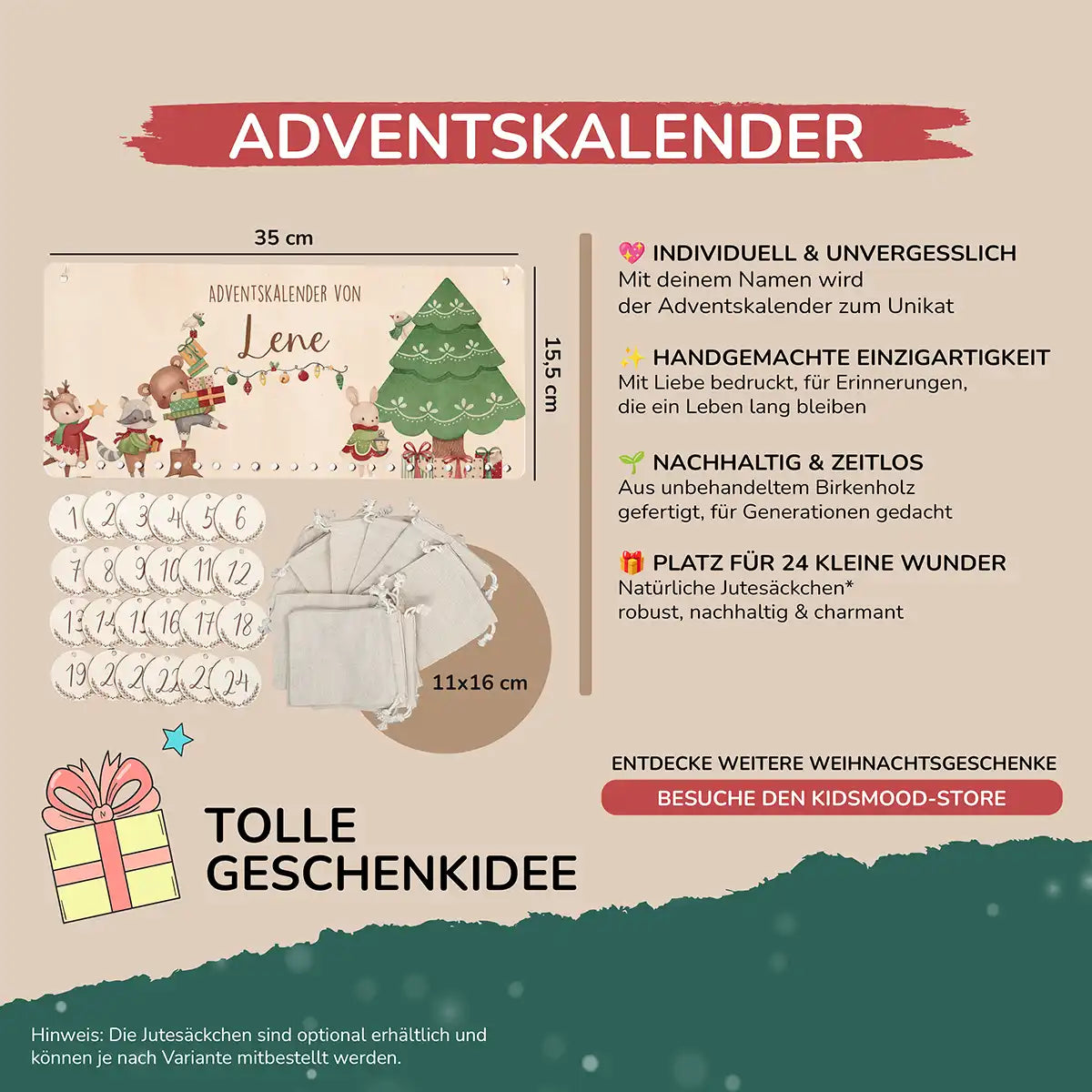 Personalisierbarer Adventskalender farbig - Weihnachtsbaum Tiere