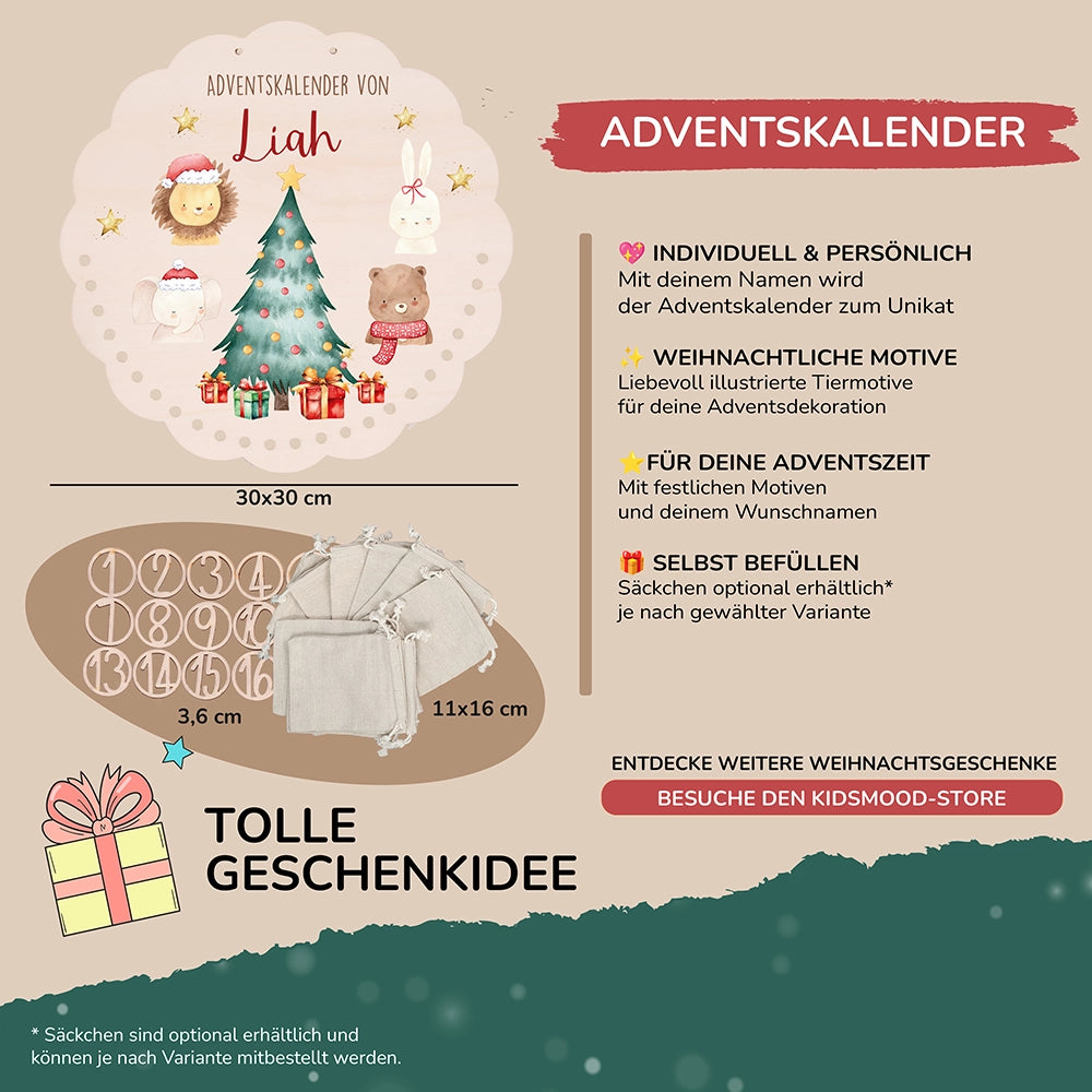 Personalisierter runder Adventskalender Kinder aus Holz - Weihnachtliche Tierwelt