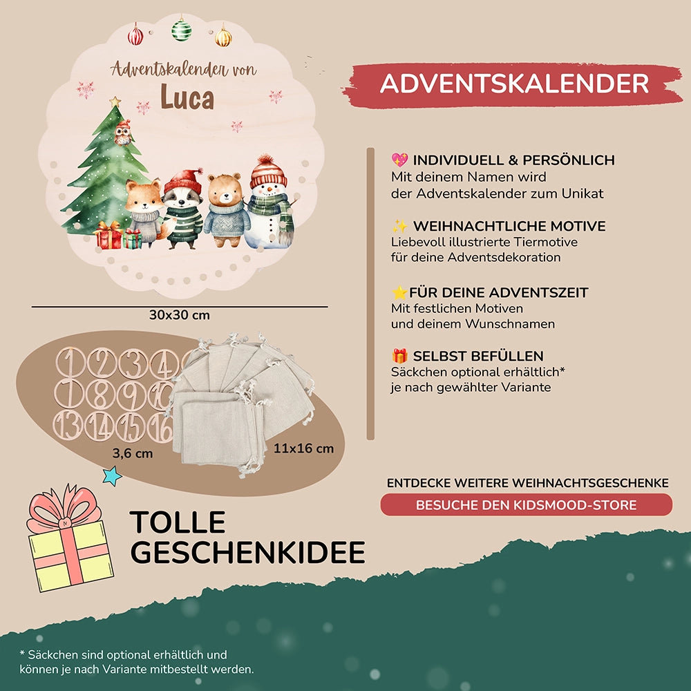 Personalisierter runder Adventskalender Kinder aus Holz - Tierische Weihnachtsbande